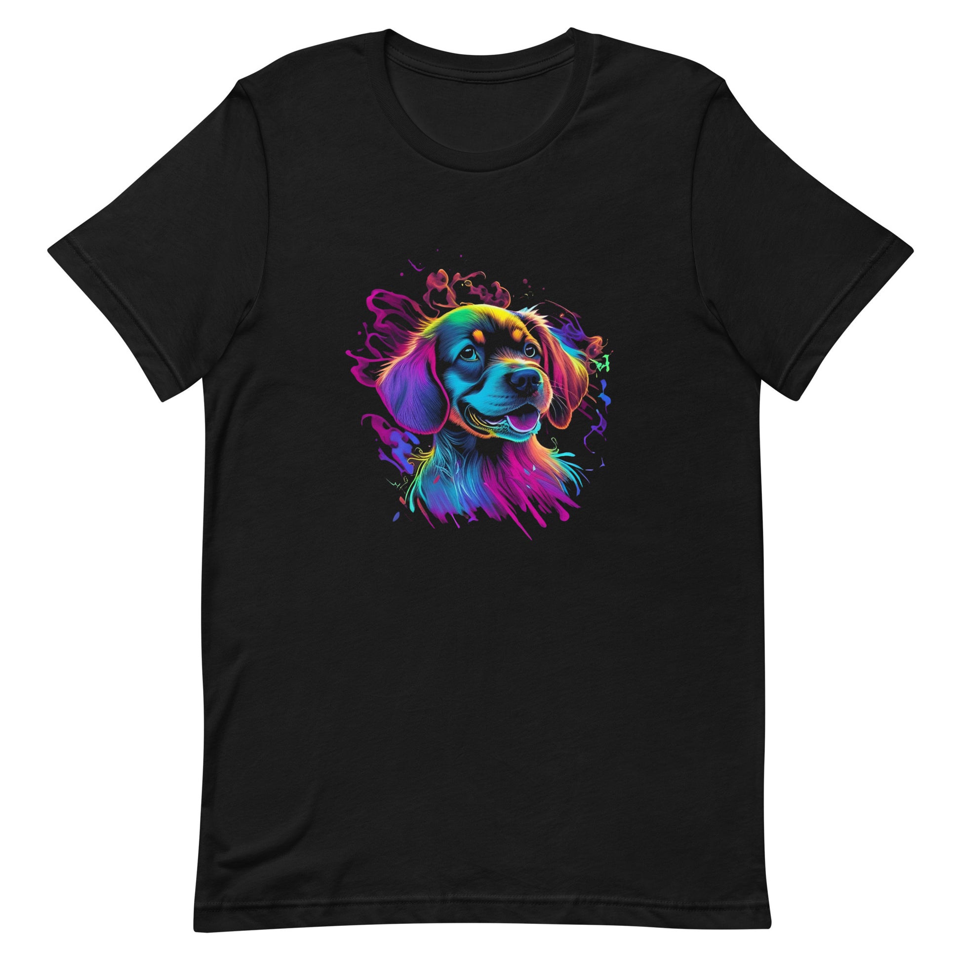 neon colors, cartoon style illustration of a cute adorable Golden puppy´s face how the dog sees the world while experiencing dog life, on a black crew neck short sleeve t-shirt, a detailed drawing, furry art digital illustration, detailed painting design, vibrate  color palette, in the style of Studio Ghibli, cute and quirky