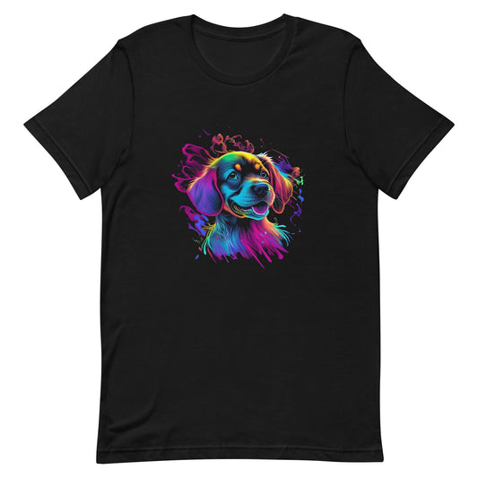 neon colors, cartoon style illustration of a cute adorable Golden puppy´s face how the dog sees the world while experiencing dog life, on a black crew neck short sleeve t-shirt, a detailed drawing, furry art digital illustration, detailed painting design, vibrate  color palette, in the style of Studio Ghibli, cute and quirky