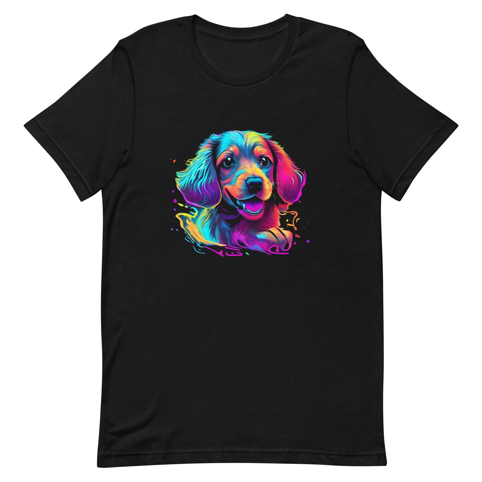 neon colors, cartoon style illustration of a cute adorable Spaniel dog face how the dog sees the world while experiencing dog life, on a black crew neck short sleeve t-shirt, a detailed drawing, furry art digital illustration, detailed painting design, vibrate  color palette, in the style of Studio Ghibli, cute and quirky.