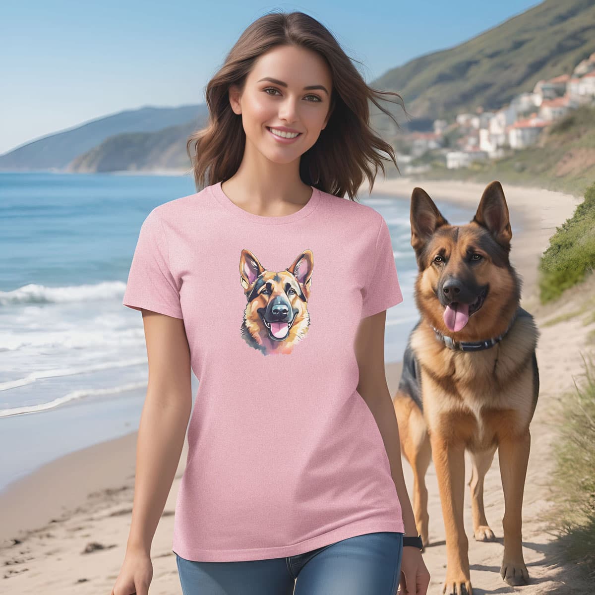 Woman wearing pink short sleeved crew neck t-shirt with German Shepherd puppy hand drawn illustration in black, grey, light yellow, and white; walks along the beach with hes German Shepherd. Relaxed, joyful pet lover lifestyle moment. 