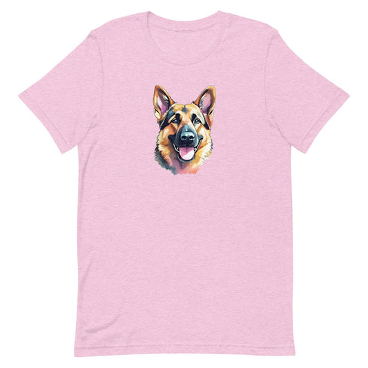 Graphic pink short sleeved crew neck t-shirt with German Shepherd puppy  hand drawn illustration in  grey, light yellow, pink, and white; hand-drawn face with tongue out.