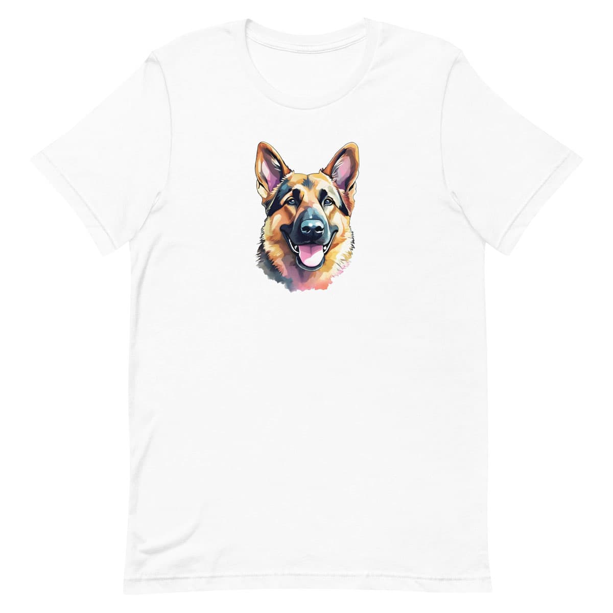 Graphic classic white short sleeved t-shirt with German Shepherd puppy hand drawn illustration in grey, black, light yellow, and white; hand-drawn face with tongue out.