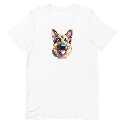 Graphic classic white short sleeved t-shirt with German Shepherd puppy hand drawn illustration in grey, black, light yellow, and white; hand-drawn face with tongue out.