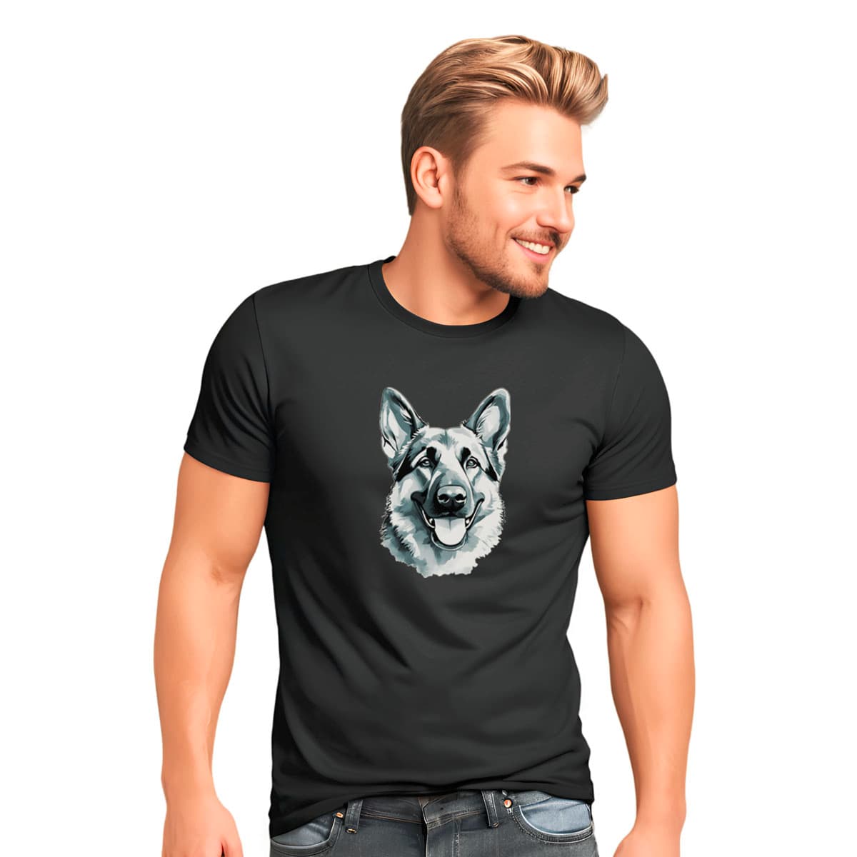 Graphic black t-shirt with German Shepherd puppy hand drawn illustration in black, grey, and white; hand-drawn face with tongue out. Male model shown in close-up to highlight print and fit.