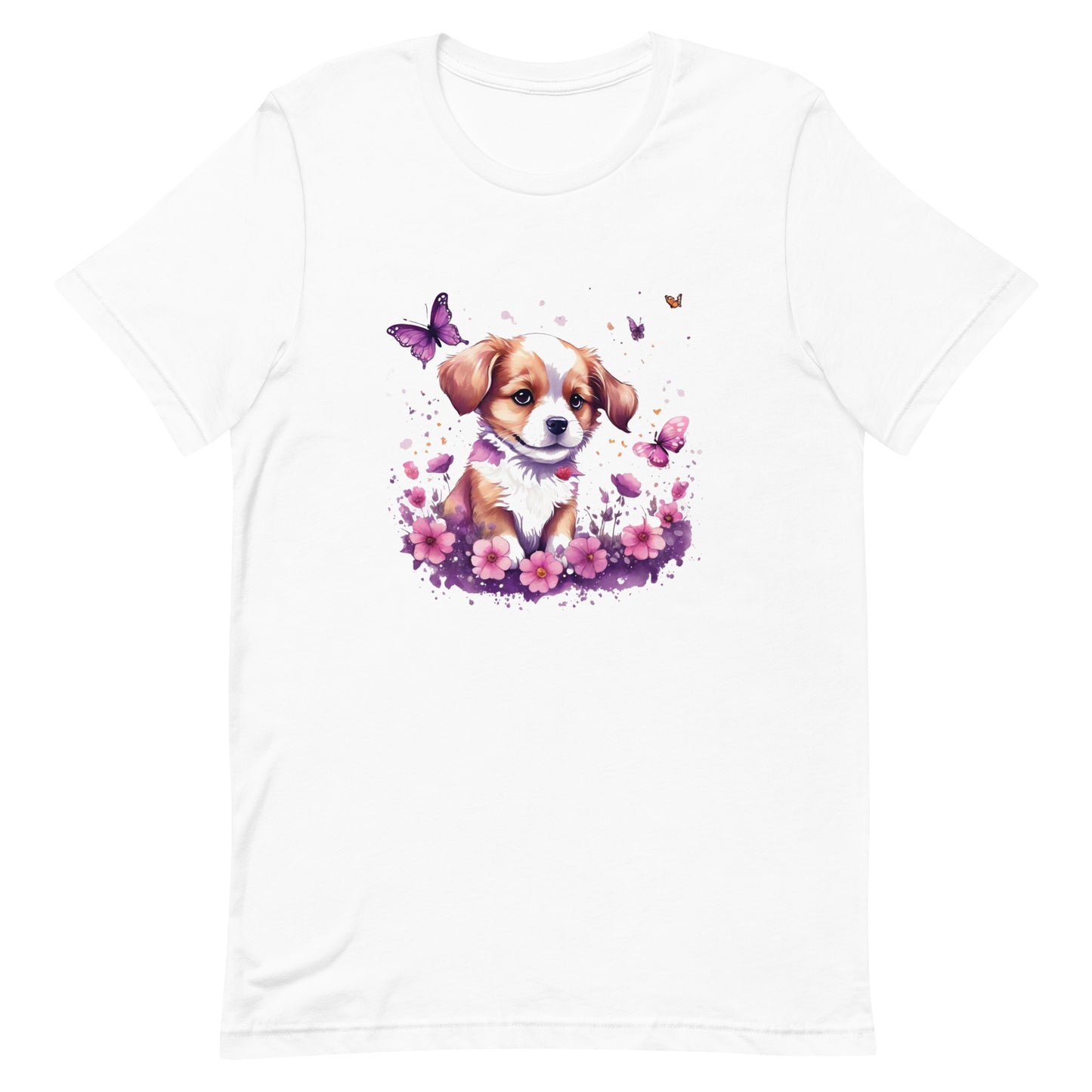 A detailed illustration a print of Lively cute puppy and dog paws,white background, fantasy heart splash, rounded circle, vintage short sleeve crew neck t-shirt design, dark read and Dark Purples and pink colors,on a white background, in the style of Studio Ghibli, cute and quirky, fantasy art, watercolor effect, hand-drawn, digital painting 