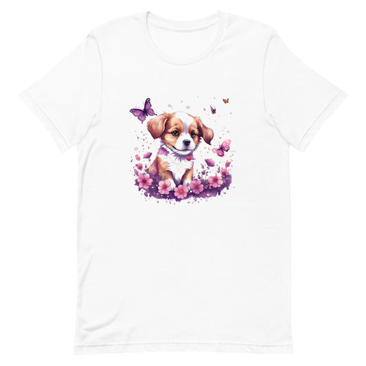 A detailed illustration a print of Lively cute puppy and dog paws,white background, fantasy heart splash, rounded circle, vintage short sleeve crew neck t-shirt design, dark read and Dark Purples and pink colors,on a white background, in the style of Studio Ghibli, cute and quirky, fantasy art, watercolor effect, hand-drawn, digital painting 