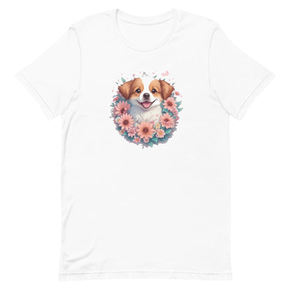 A detailed illustration, a print of Lively cute puppy dog with flowers around its neck on a white crew neck short sleeve t-shirt, a detailed drawing, furry art, made of flowers, digital illustration, detailed painting design, pastel palette color, in the style of Studio Ghibli, cute and quirky.