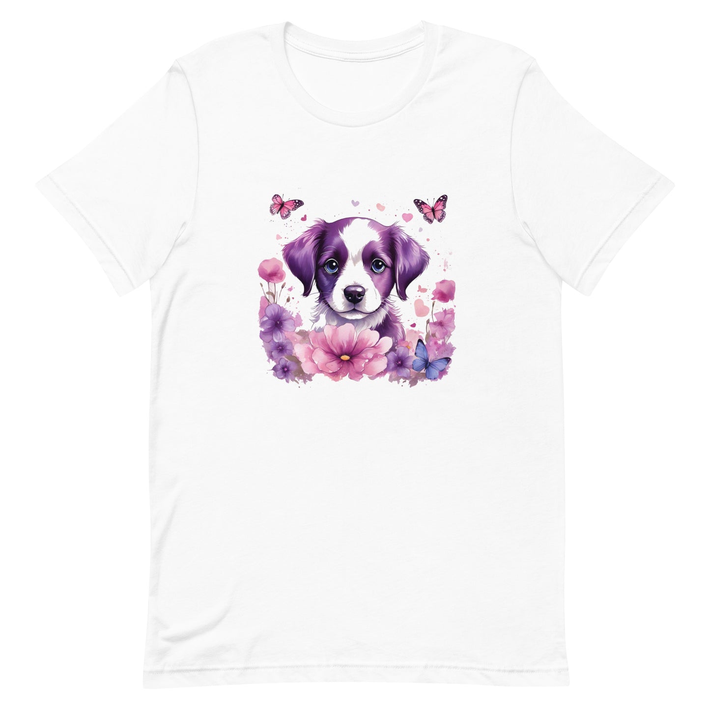 A detailed illustration a print of Lively cute puppy and dog paws,white background, fantasy heart splash, rounded circle, vintage short sleeve crew neck t-shirt design, dark read and Dark Purples and pink colors,on a white background, in the style of Studio Ghibli, cute and quirky, fantasy art, watercolor effect, hand-drawn, digital painting 