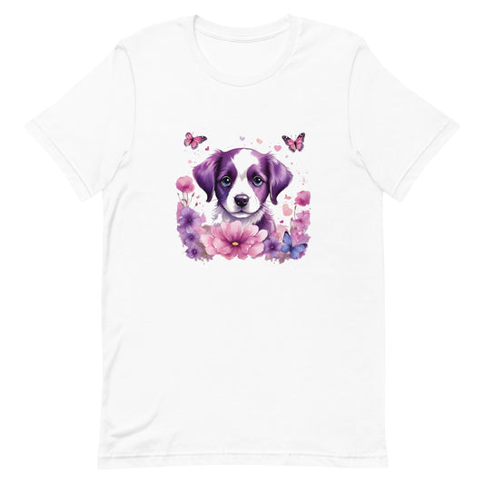 A detailed illustration a print of Lively cute puppy and dog paws,white background, fantasy heart splash, rounded circle, vintage short sleeve crew neck t-shirt design, dark read and Dark Purples and pink colors,on a white background, in the style of Studio Ghibli, cute and quirky, fantasy art, watercolor effect, hand-drawn, digital painting 