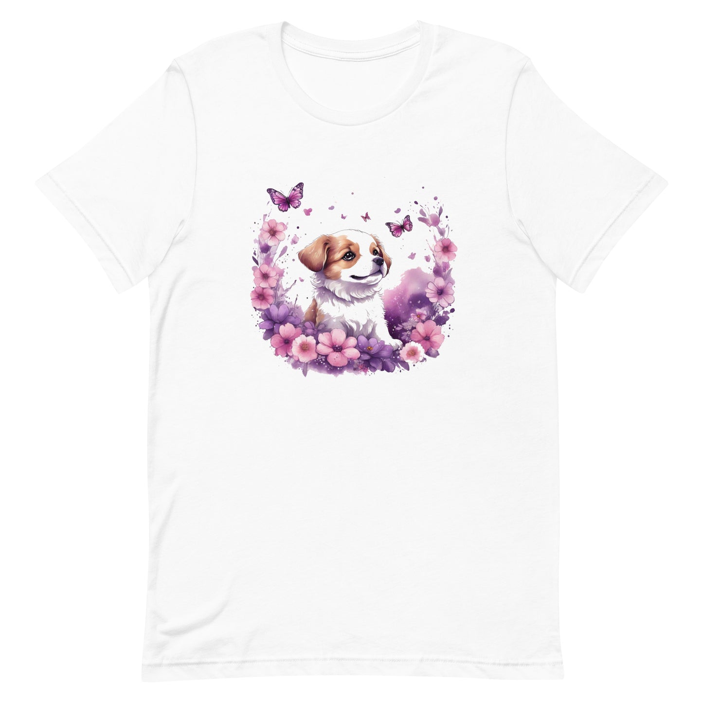 A detailed illustration a print of Lively cute puppy and dog paws,white background, fantasy heart splash, rounded circle, vintage short sleeve crew neck t-shirt design, dark read and Dark Purples and pink colors,on a white background, in the style of Studio Ghibli, cute and quirky, fantasy art, watercolor effect, hand-drawn, digital painting 