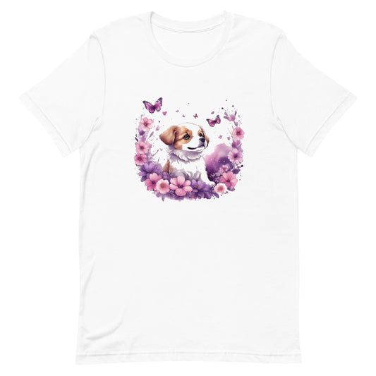 A detailed illustration a print of Lively cute puppy and dog paws,white background, fantasy heart splash, rounded circle, vintage short sleeve crew neck t-shirt design, dark read and Dark Purples and pink colors,on a white background, in the style of Studio Ghibli, cute and quirky, fantasy art, watercolor effect, hand-drawn, digital painting 