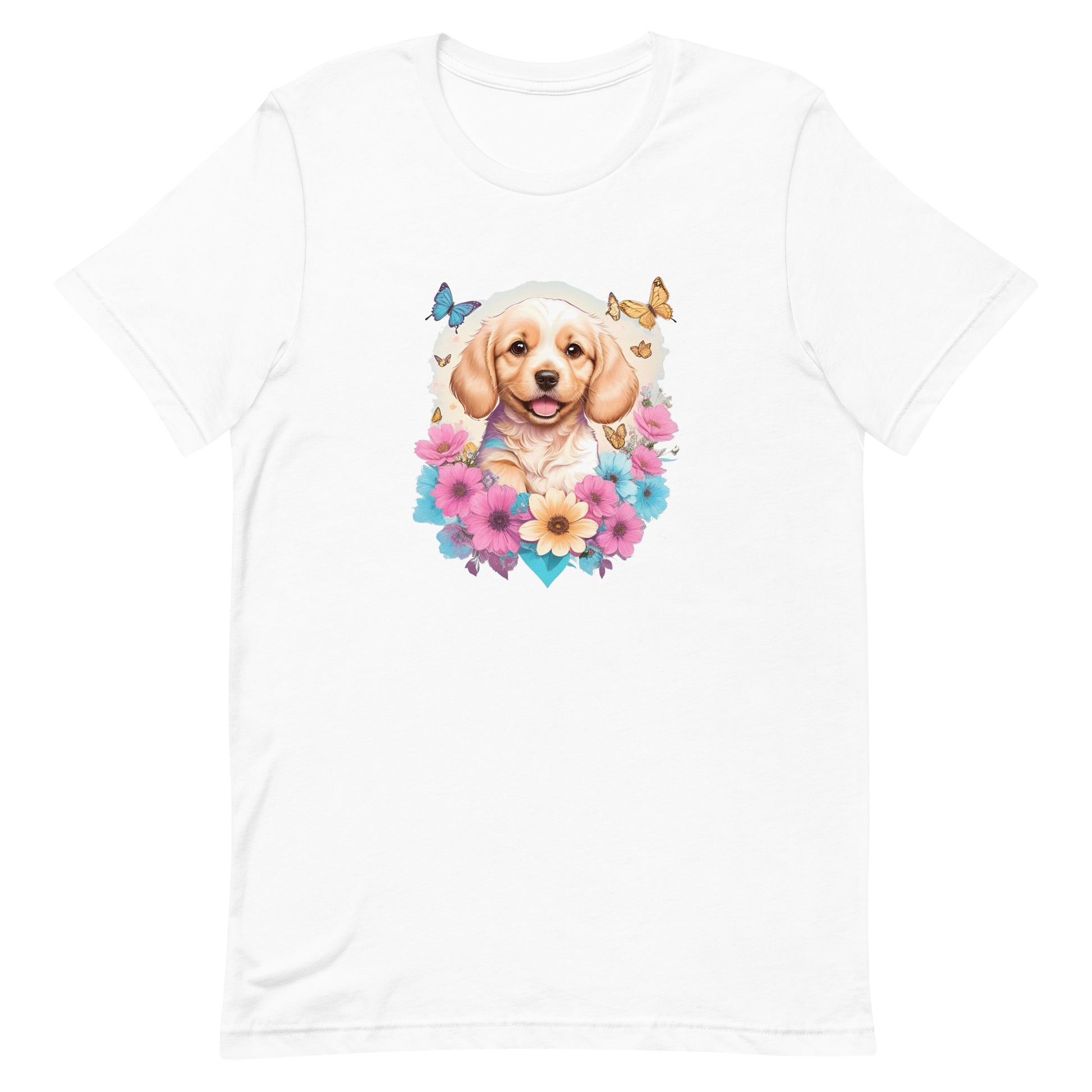 a cute golden retriever dog with flowers around its neck on a white crew neck t-shirt, a detailed drawing, furry art, made of flowers, digital illustration, detailed painting