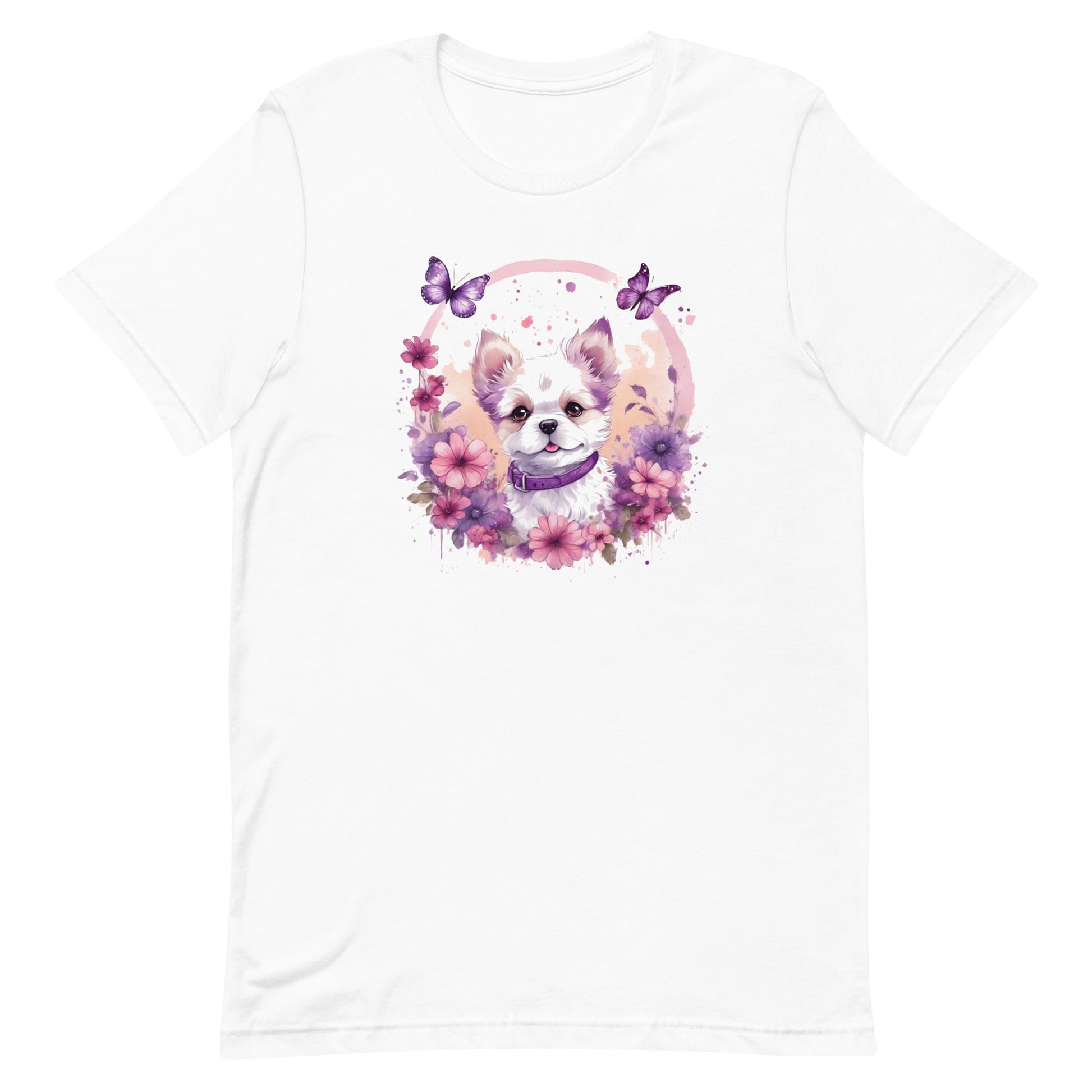 A detailed illustration a print of Lively cute puppy and dog paws,white background, fantasy heart splash, rounded circle, vintage short sleeve crew neck t-shirt design, dark read and Dark Purples and pink colors,on a white background, in the style of Studio Ghibli, cute and quirky, fantasy art, watercolor effect, hand-drawn, digital painting 