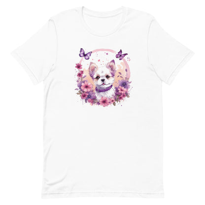 A detailed illustration a print of Lively cute puppy and dog paws,white background, fantasy heart splash, rounded circle, vintage short sleeve crew neck t-shirt design, dark read and Dark Purples and pink colors,on a white background, in the style of Studio Ghibli, cute and quirky, fantasy art, watercolor effect, hand-drawn, digital painting 