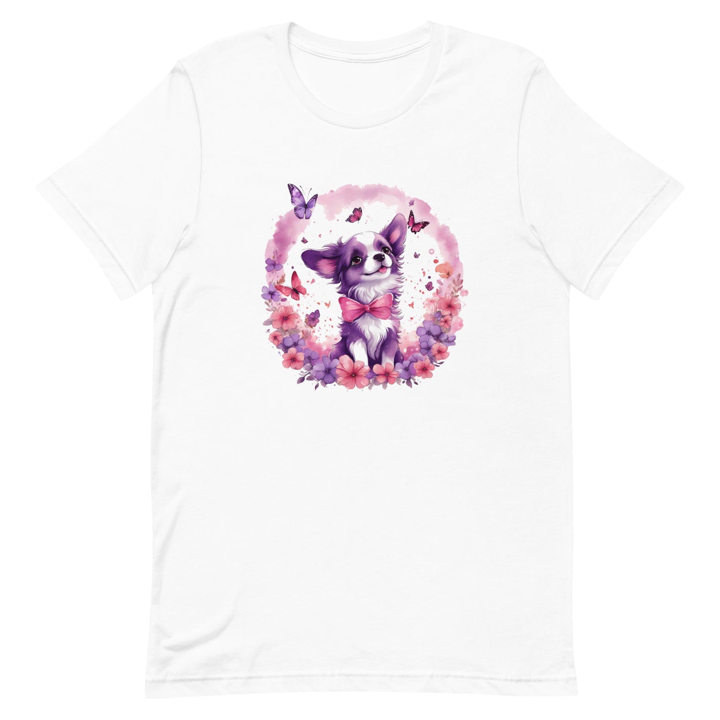 A detailed illustration a print of Lively cute puppy and dog paws,white background, fantasy heart splash, rounded circle, vintage short sleeve crew neck t-shirt design, dark read and Dark Purples and pink colors,on a white background, in the style of Studio Ghibli, cute and quirky, fantasy art, watercolor effect, hand-drawn, digital painting 