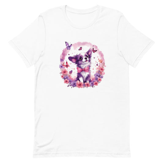 A detailed illustration a print of Lively cute puppy and dog paws,white background, fantasy heart splash, rounded circle, vintage short sleeve crew neck t-shirt design, dark read and Dark Purples and pink colors,on a white background, in the style of Studio Ghibli, cute and quirky, fantasy art, watercolor effect, hand-drawn, digital painting 