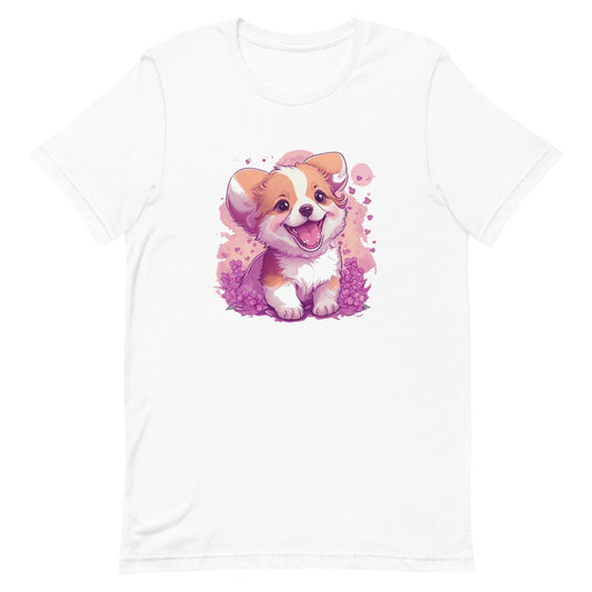 A detailed illustration a print of Lively cute puppy and dog paws,white background, fantasy heart splash, rounded circle, vintage short sleeve crew neck t-shirt design, dark read and Dark Purples and pink colors,on a white background, in the style of Studio Ghibli, cute and quirky, fantasy art, watercolor effect, hand-drawn, digital painting 