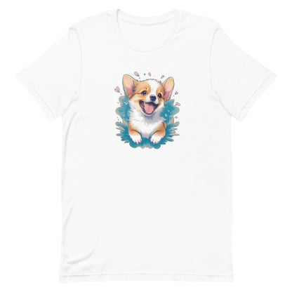 a adorable cute puppy dog with flowers around its neck on a white crew neck short sleeve t-shirt, a detailed drawing, furry art, made of flowers, digital illustration, detailed painting