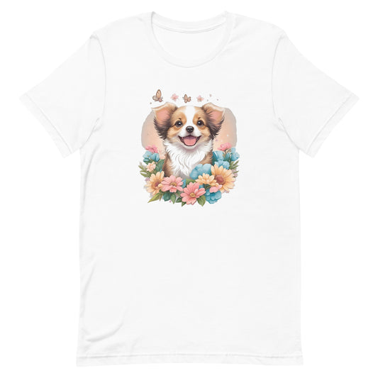 a cute Shepherd puppy dog with flowers around its neck on a white crew neck t-shirt, a detailed drawing, furry art, made of flowers, digital illustration, detailed painting