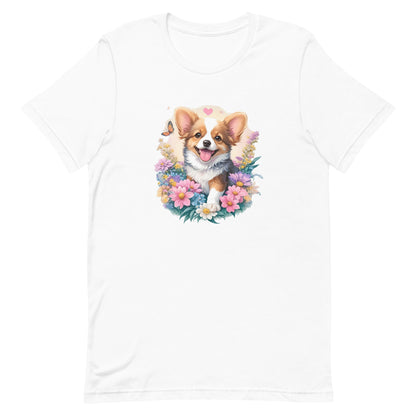 a cute puppy corgi dog with flowers around its neck on a white crew neck t-shirt, a detailed drawing, furry art, made of flowers, digital illustration, detailed painting