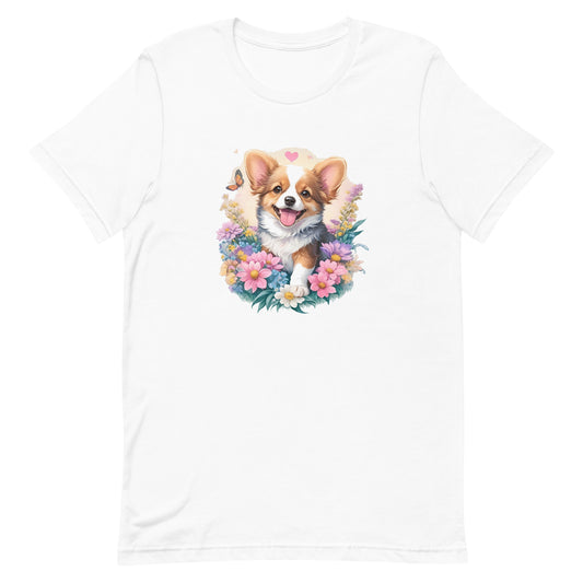 a cute puppy corgi dog with flowers around its neck on a white crew neck t-shirt, a detailed drawing, furry art, made of flowers, digital illustration, detailed painting