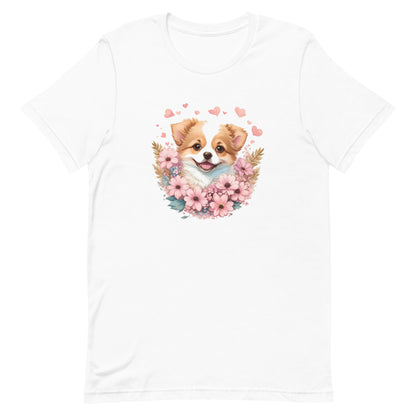 a cute puppy corgi dog with flowers around its neck on a white crew neck t-shirt, a detailed drawing, furry art, made of flowers, digital illustration, detailed painting