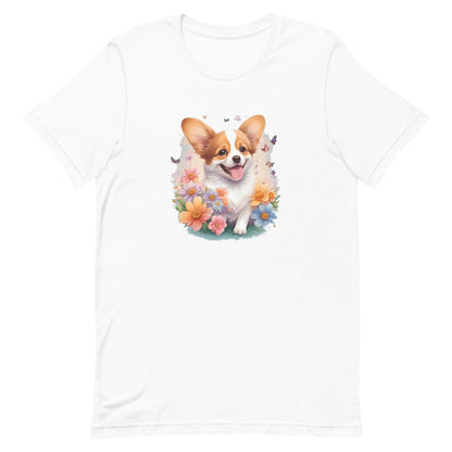 a cute corgi puppy dog with flowers around its neck on a white crew neck t-shirt, a detailed drawing, furry art, made of flowers, digital illustration, detailed painting