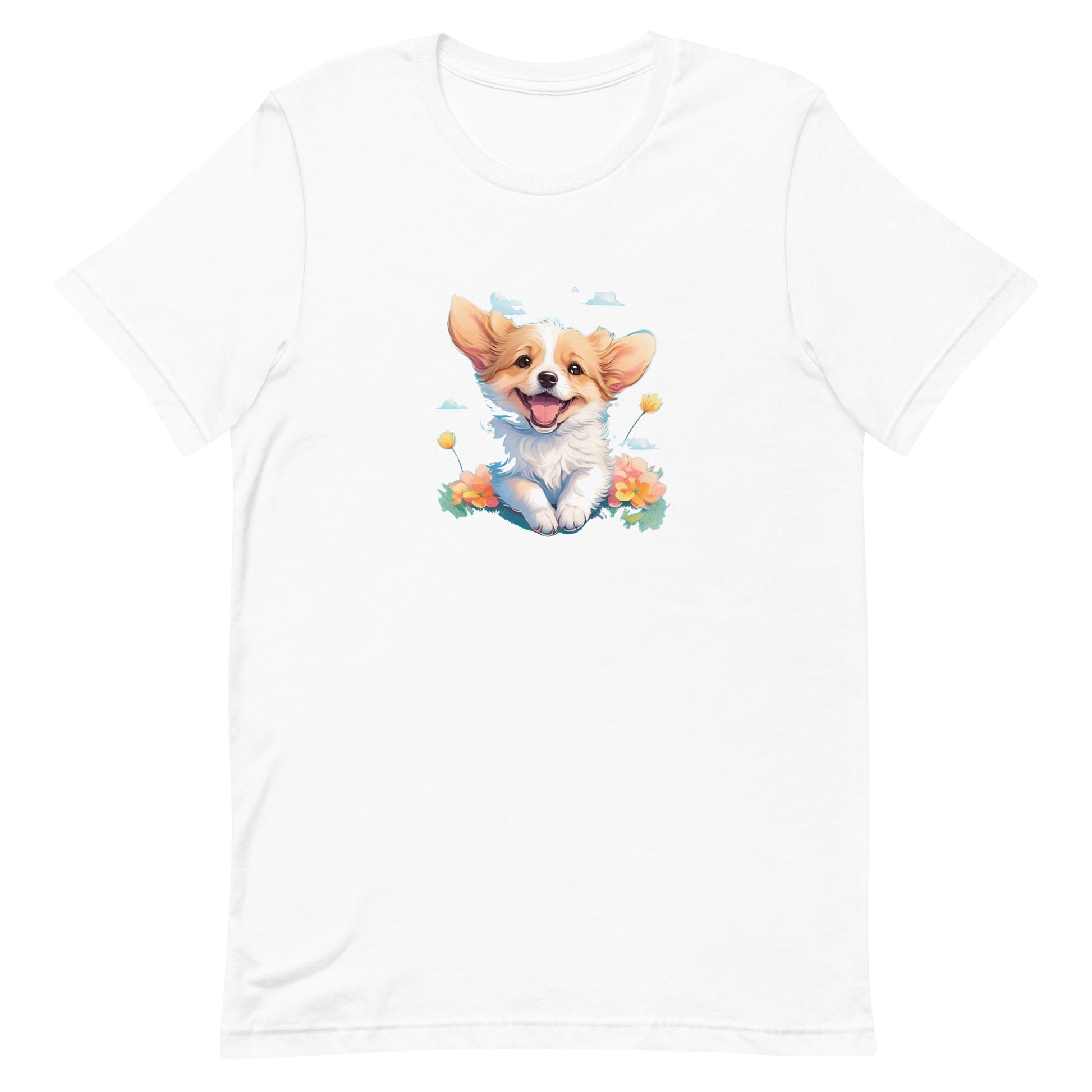 a adorable cute puppy dog with flowers around its neck on a white crew neck short sleeve t-shirt, a detailed drawing, furry art, made of flowers, digital illustration, detailed painting