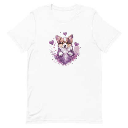 A detailed illustration a print of Lively cute puppy and dog paws,white background, fantasy heart splash, rounded circle, vintage short sleeve crew neck t-shirt design, dark read and Dark Purples and pink colors,on a white background, in the style of Studio Ghibli, cute and quirky, fantasy art, watercolor effect, hand-drawn, digital painting 