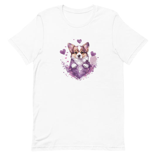 A detailed illustration a print of Lively cute puppy and dog paws,white background, fantasy heart splash, rounded circle, vintage short sleeve crew neck t-shirt design, dark read and Dark Purples and pink colors,on a white background, in the style of Studio Ghibli, cute and quirky, fantasy art, watercolor effect, hand-drawn, digital painting 