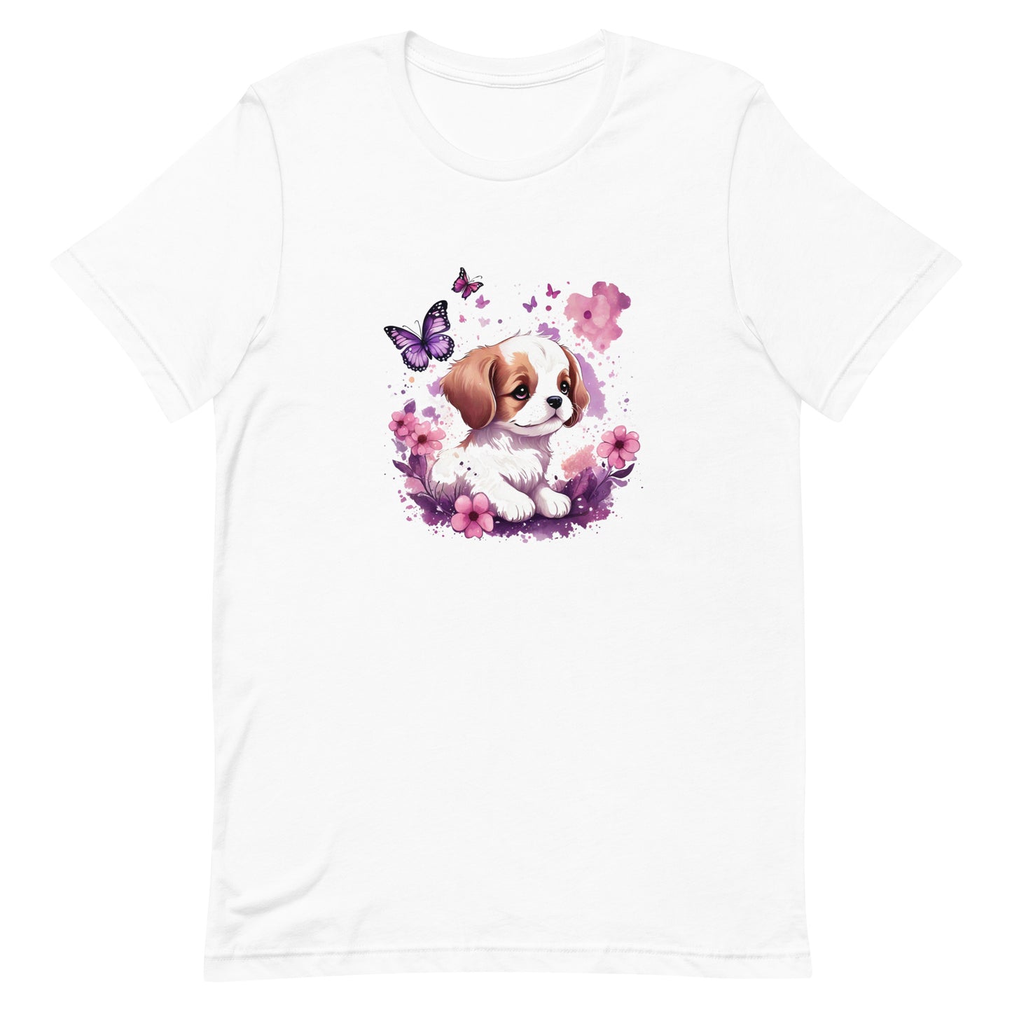 A detailed illustration a print of Lively cute puppy and dog paws,white background, fantasy heart splash, rounded circle, vintage short sleeve crew neck t-shirt design, dark read and Dark Purples and pink colors,on a white background, in the style of Studio Ghibli, cute and quirky, fantasy art, watercolor effect, hand-drawn, digital painting