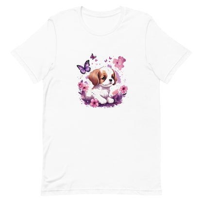 A detailed illustration a print of Lively cute puppy and dog paws,white background, fantasy heart splash, rounded circle, vintage short sleeve crew neck t-shirt design, dark read and Dark Purples and pink colors,on a white background, in the style of Studio Ghibli, cute and quirky, fantasy art, watercolor effect, hand-drawn, digital painting