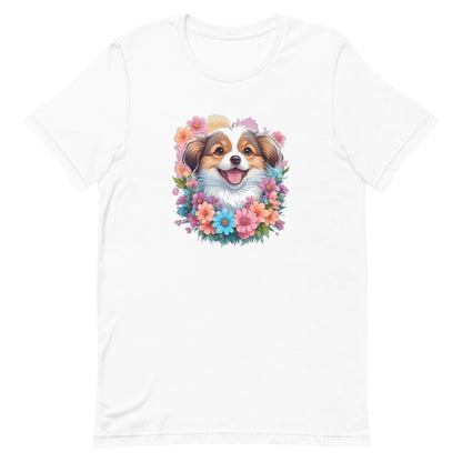 a spaniel dog with flowers around its neck on a white crew neck t-shirt, a detailed drawing, furry art, made of flowers, digital illustration, detailed painting