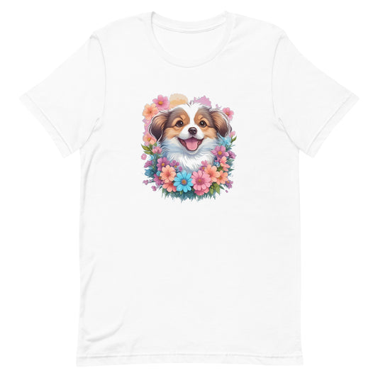 a spaniel dog with flowers around its neck on a white crew neck t-shirt, a detailed drawing, furry art, made of flowers, digital illustration, detailed painting