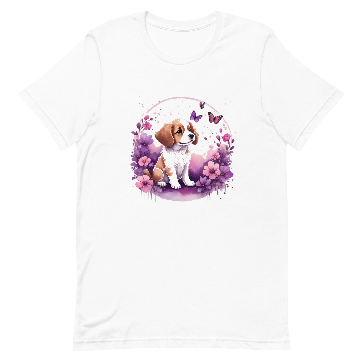 A detailed illustration a print of Lively cute puppy and dog paws,white background, fantasy heart splash, rounded circle, vintage short sleeve crew neck t-shirt design, dark read and Dark Purples and pink colors,on a white background, in the style of Studio Ghibli, cute and quirky, fantasy art, watercolor effect, hand-drawn, digital painting 