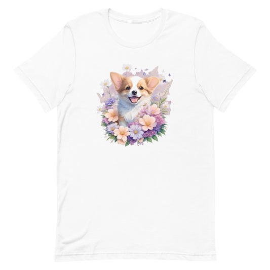 a cute corgi puppy dog with flowers around its neck on a white crew neck t-shirt, a detailed drawing, furry art, made of flowers, digital illustration, detailed painting