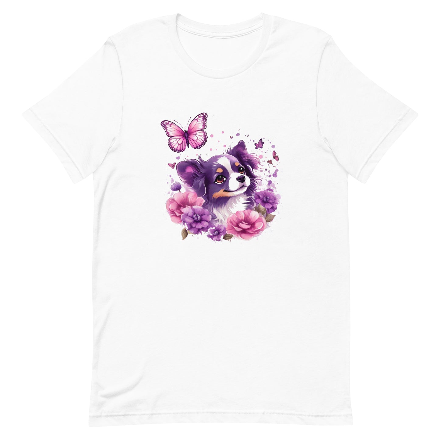 A detailed illustration a print of Lively cute puppy and dog paws,white background, fantasy heart splash, rounded circle, vintage short sleeve crew neck t-shirt design, dark read and Dark Purples and pink colors,on a white background, in the style of Studio Ghibli, cute and quirky, fantasy art, watercolor effect, hand-drawn, digital painting 