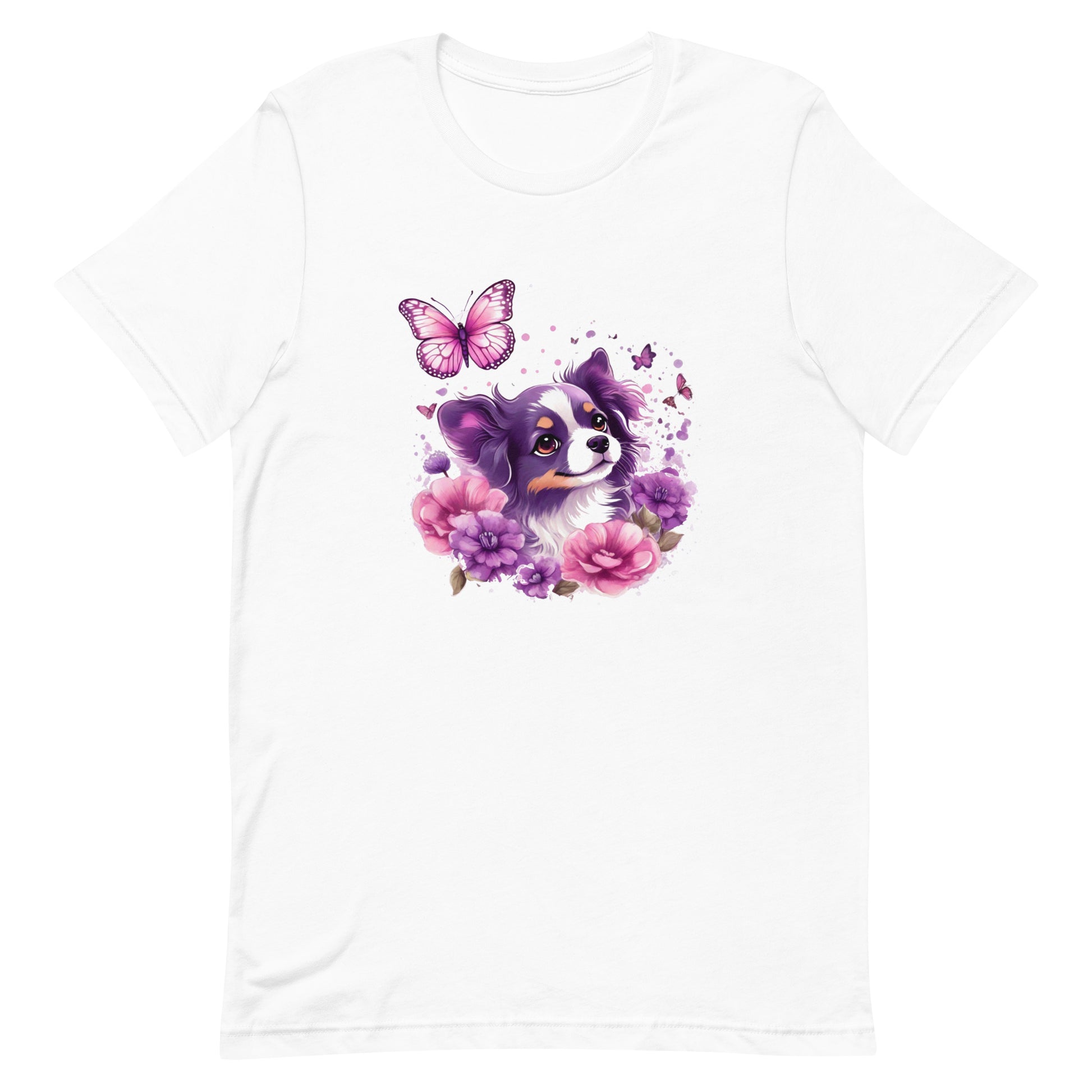 A detailed illustration a print of Lively cute puppy and dog paws,white background, fantasy heart splash, rounded circle, vintage short sleeve crew neck t-shirt design, dark read and Dark Purples and pink colors,on a white background, in the style of Studio Ghibli, cute and quirky, fantasy art, watercolor effect, hand-drawn, digital painting 