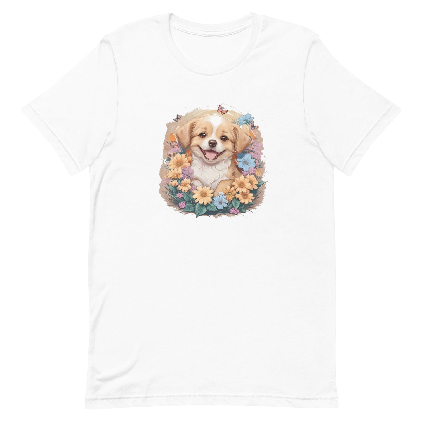 A detailed illustration a print of Lively cute puppy and dog paws,white background, fantasy heart splash, rounded circle, vintage short sleeve crew neck t-shirt design, dark read and Dark Purples and pink colors,on a white background, in the style of Studio Ghibli, cute and quirky, fantasy art, watercolor effect, hand-drawn, digital painting 