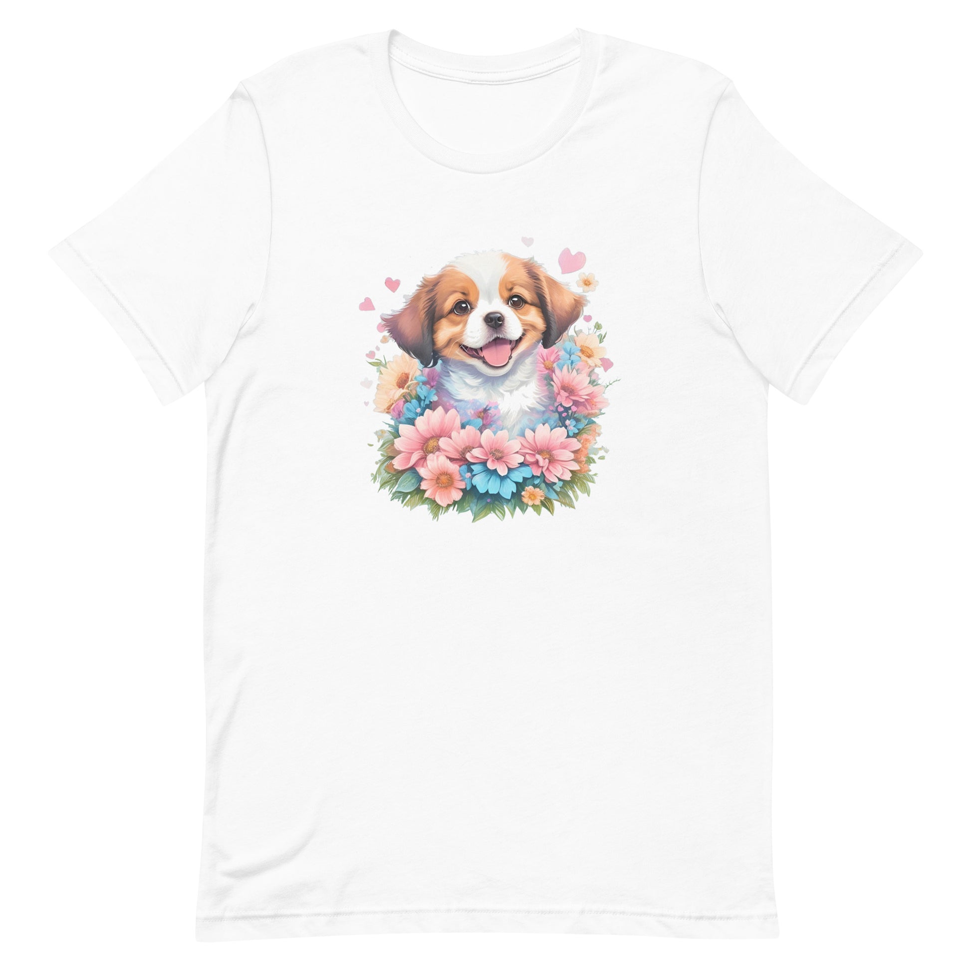 a cute australian shepherd puppy  dog with flowers around its neck on a white crew neck bella canvas t-shirt, a detailed drawing, furry art, made of flowers, digital illustration, detailed painting