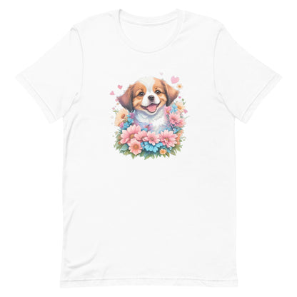 a cute australian shepherd puppy  dog with flowers around its neck on a white crew neck bella canvas t-shirt, a detailed drawing, furry art, made of flowers, digital illustration, detailed painting