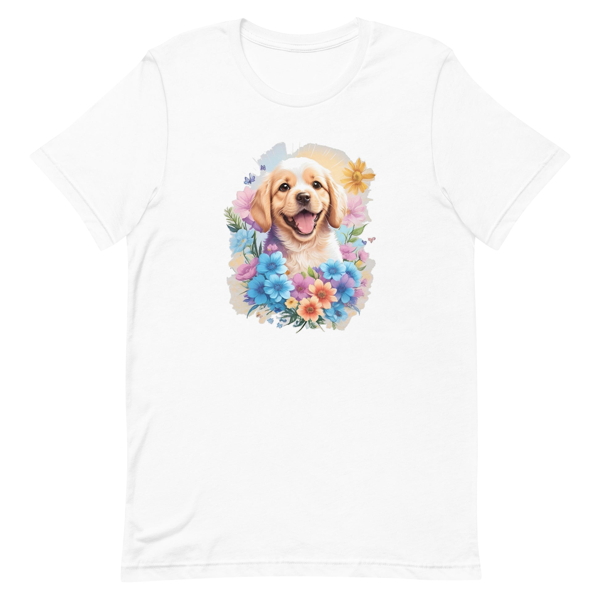 a cute golden retriever dog with flowers around its neck on a white crew neck t-shirt, a detailed drawing, furry art, made of flowers, digital illustration, detailed painting