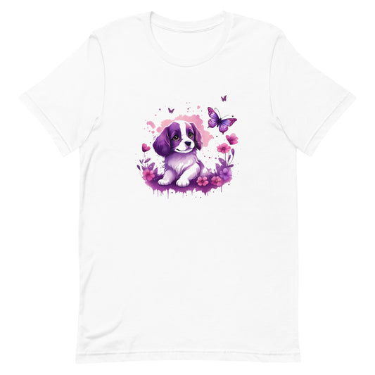 A detailed illustration a print of Lively cute puppy and dog paws,white background, fantasy heart splash, rounded circle, vintage short sleeve crew neck t-shirt design, dark read and Dark Purples and pink colors,on a white background, in the style of Studio Ghibli, cute and quirky, fantasy art, watercolor effect, hand-drawn, digital painting