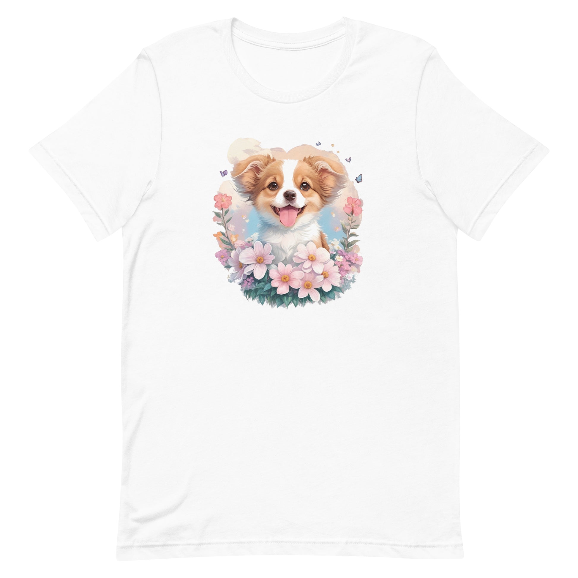 a cute puppy shepherd dog with flowers around its neck on a white crew neck t-shirt, a detailed drawing, furry art, made of flowers, digital illustration, detailed painting