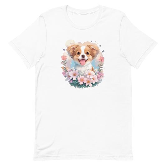 a cute puppy shepherd dog with flowers around its neck on a white crew neck t-shirt, a detailed drawing, furry art, made of flowers, digital illustration, detailed painting