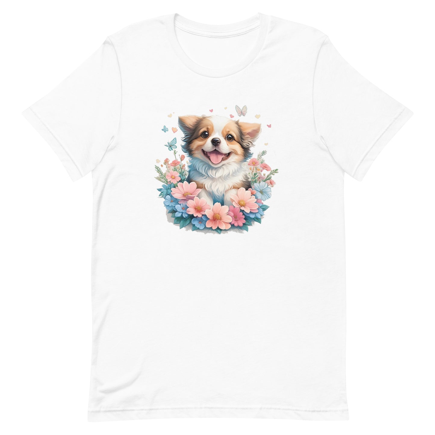 a cute puppy shepherd dog with flowers around its neck on a white crew neck t-shirt, a detailed drawing, furry art, made of flowers, digital illustration, detailed painting