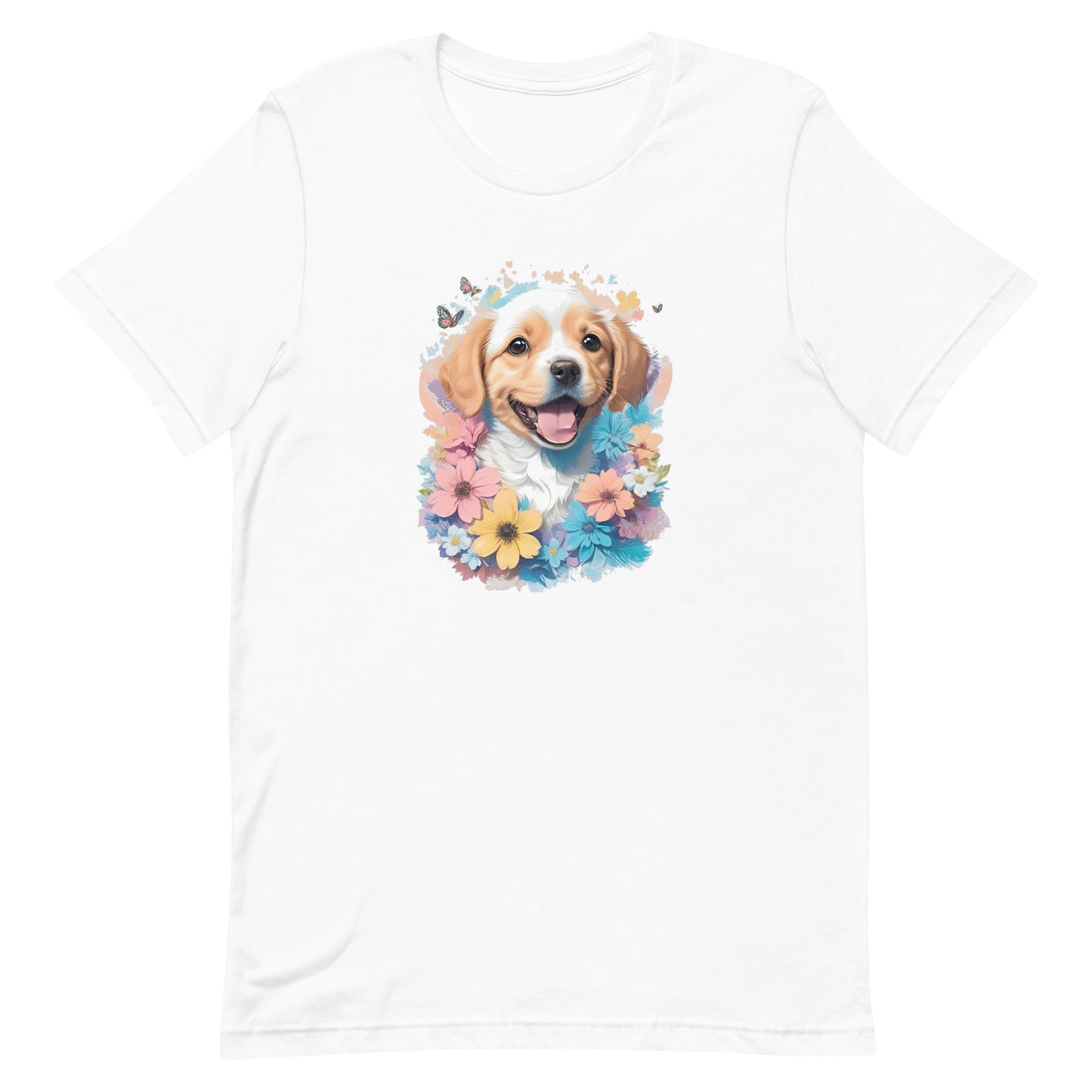 a cute golden retriever dog with flowers around its neck on a white crew neck t-shirt, a detailed drawing, furry art, made of flowers, digital illustration, detailed painting