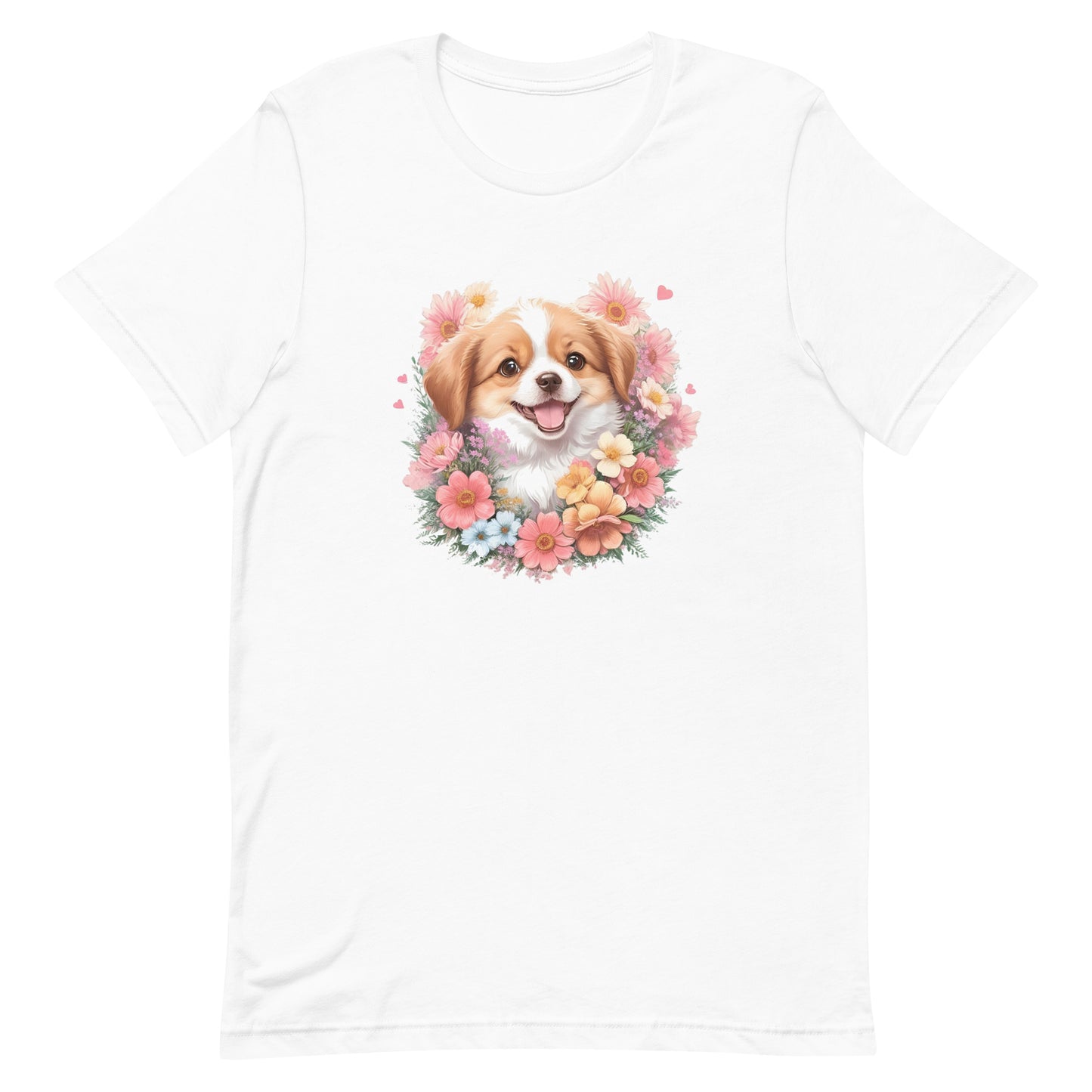 a shepherd dog with flowers around its neck on a white crew neck bella canvas t-shirt, a detailed drawing, furry art, made of flowers, digital illustration, detailed painting