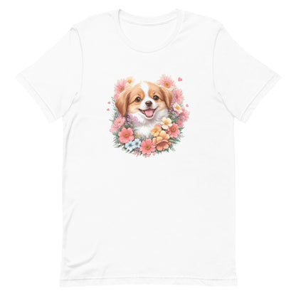 a shepherd dog with flowers around its neck on a white crew neck bella canvas t-shirt, a detailed drawing, furry art, made of flowers, digital illustration, detailed painting