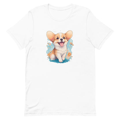 a adorable cute puppy dog with flowers around its neck on a white crew neck short sleeve t-shirt, a detailed drawing, furry art, made of flowers, digital illustration, detailed painting